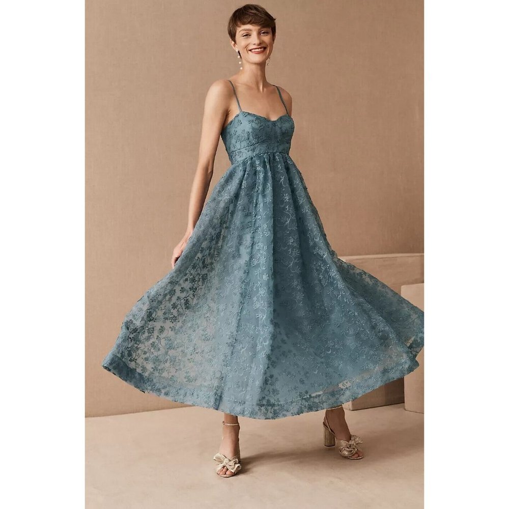 NWT Anthropologie BHLDN Isadora Organza Midi in Blue Embroidered Tank Dress 10